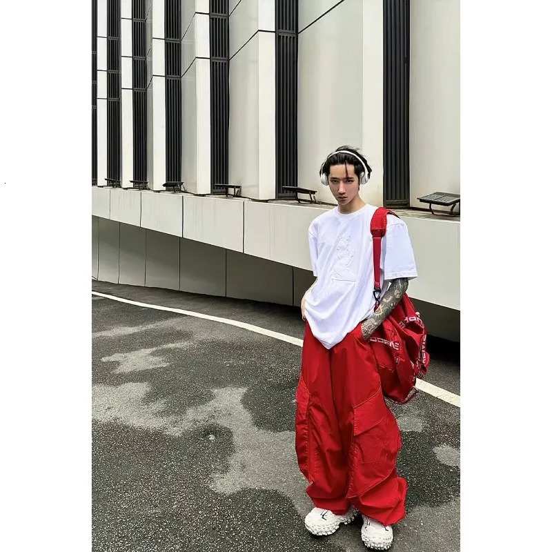 Pants Mens Summer High Street Red Vibe Thin Loose Wide Leg Casual Trousers Solid Color Pockets Cargo Straight Long Pants 241214
