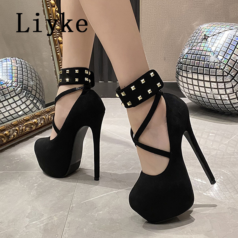 Liyke Runway Fashion Metal Rivets Ankle Strap Extreme High Heels For Women Wedding Party Stripper Shoes Platform Pumps Sandals