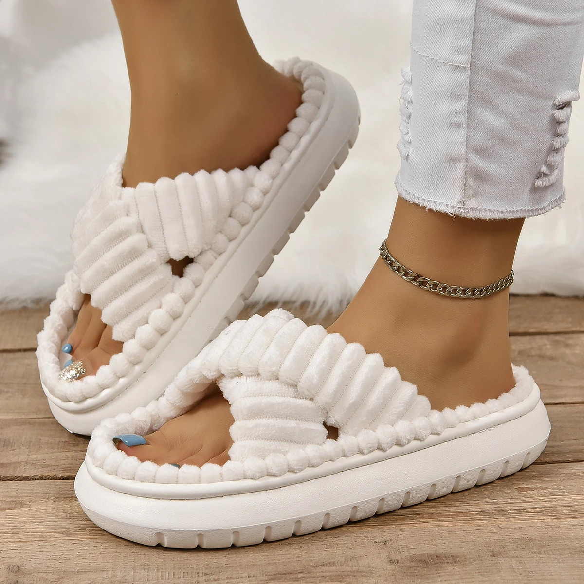 Autumn Winter Corduroy Home Slippers Women Cross Band Thick Soft Sole Slides Platform Shoes Woman Non Slip Indoor 241214