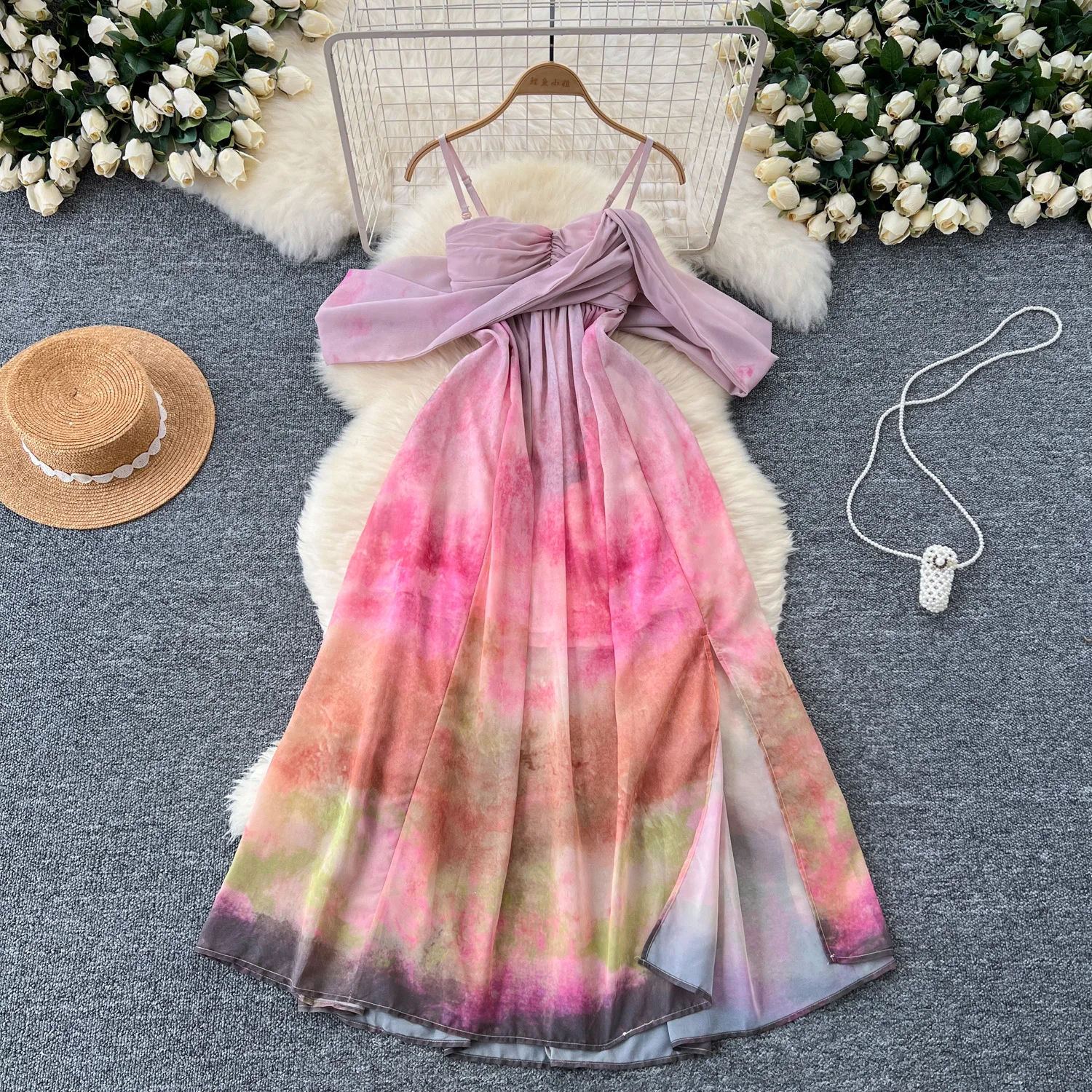 Basic Casual Dresses Holiday Beach Maxi Dress for Women Tie Dye Print Spaghetti Strap Off-shoulder Vestidos De Mujer A-line Chiffon Dresses Dropship 2