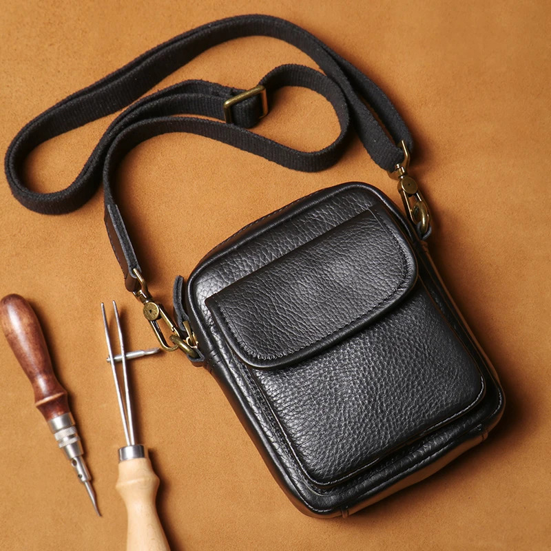 LUOKIR Mens Leather Small Shoulder Bag Casual Fashion Crossbody Lightweight Simple Cell Phone Messenger Bag Cowhide Sling Bag 241213