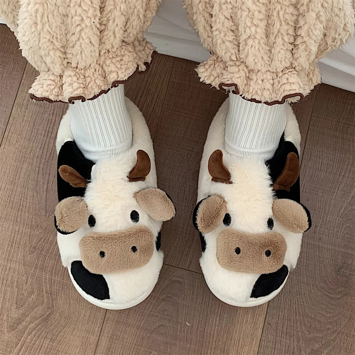 Pallene Cartoon Animals Slippers Plush Warm Women Slides Soft Bottom Comfort House Shoes Furry Girls Cute Cotton 241214