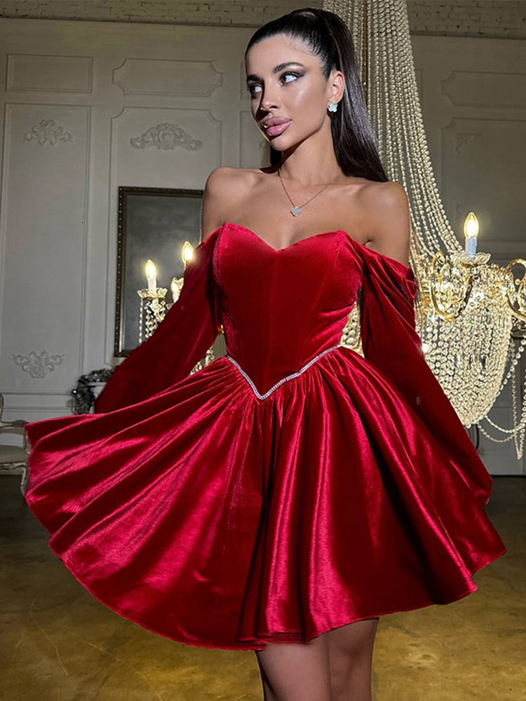 Elegant Veet Dress Women Off Shoulder Sexy Long Sleeves Mini Dresses Female Fashion Solid Bandage Party Robe