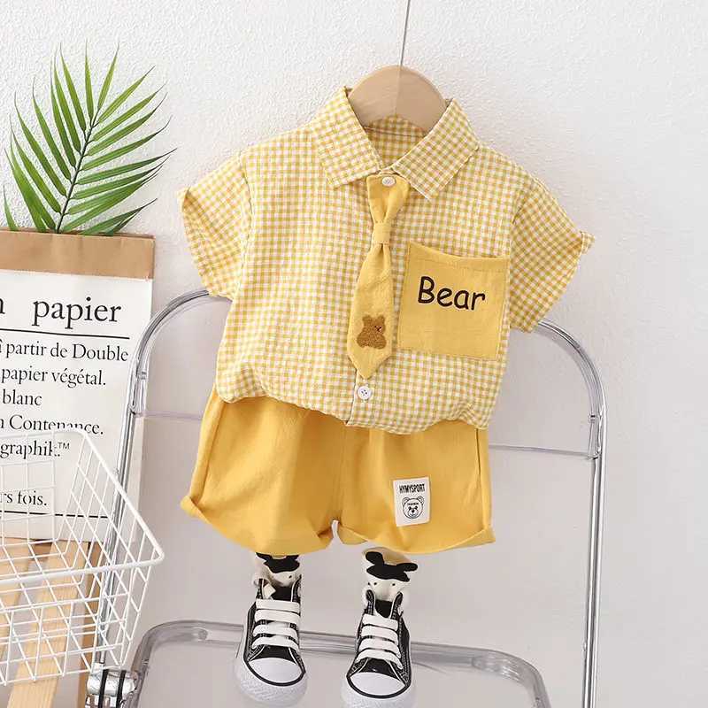 Clothing Sets Summer Casual Baby Boy Toddler Causal ClothesPlaid Shirt Tops Pants 2Pcs/Set With Tie Cotton Kids Outfits Clothing Suit H241214