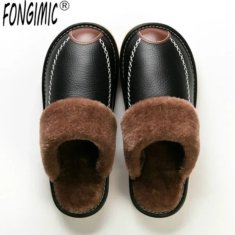 Men Winter Leather Slippers Bedroom Cotton Male Waterproof Thick Plus Velvet Indoor Warm House Home Shoes 241214