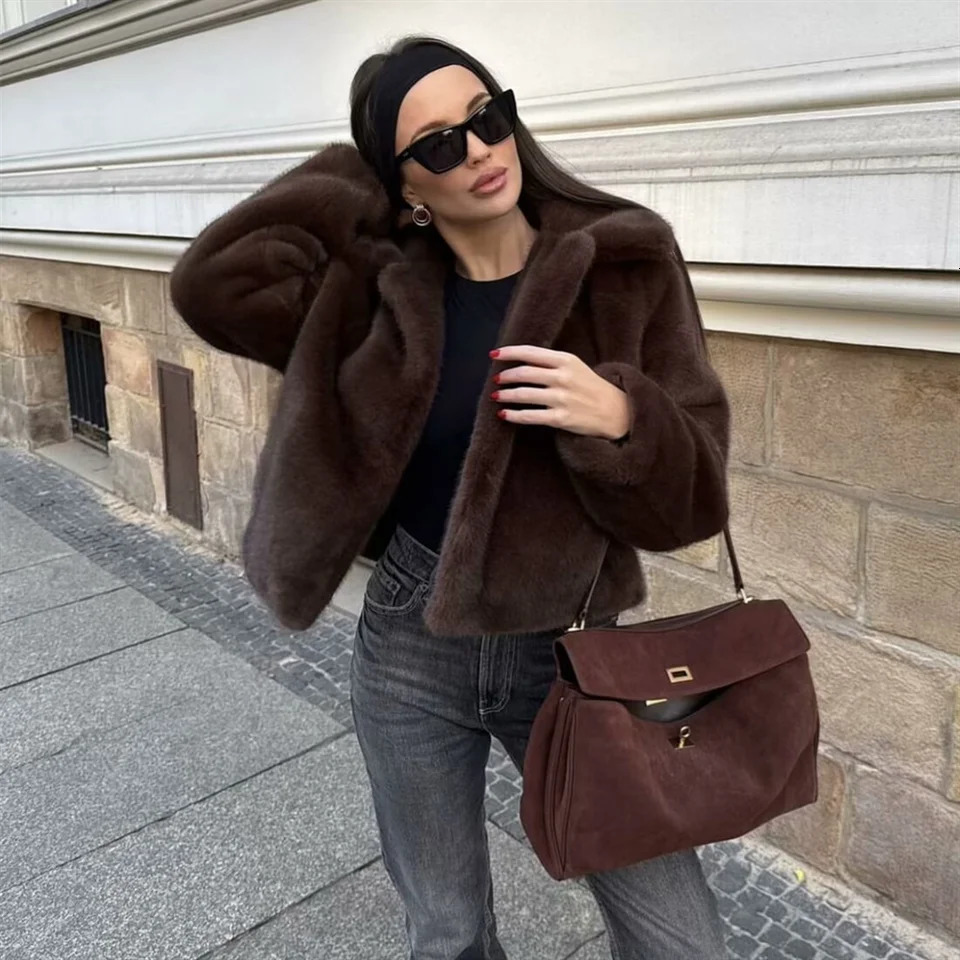 PB ZA Winter Womens Clothing Style Versatile Collar Long Sleeve Artificial Fur Effect Short Coat 241211