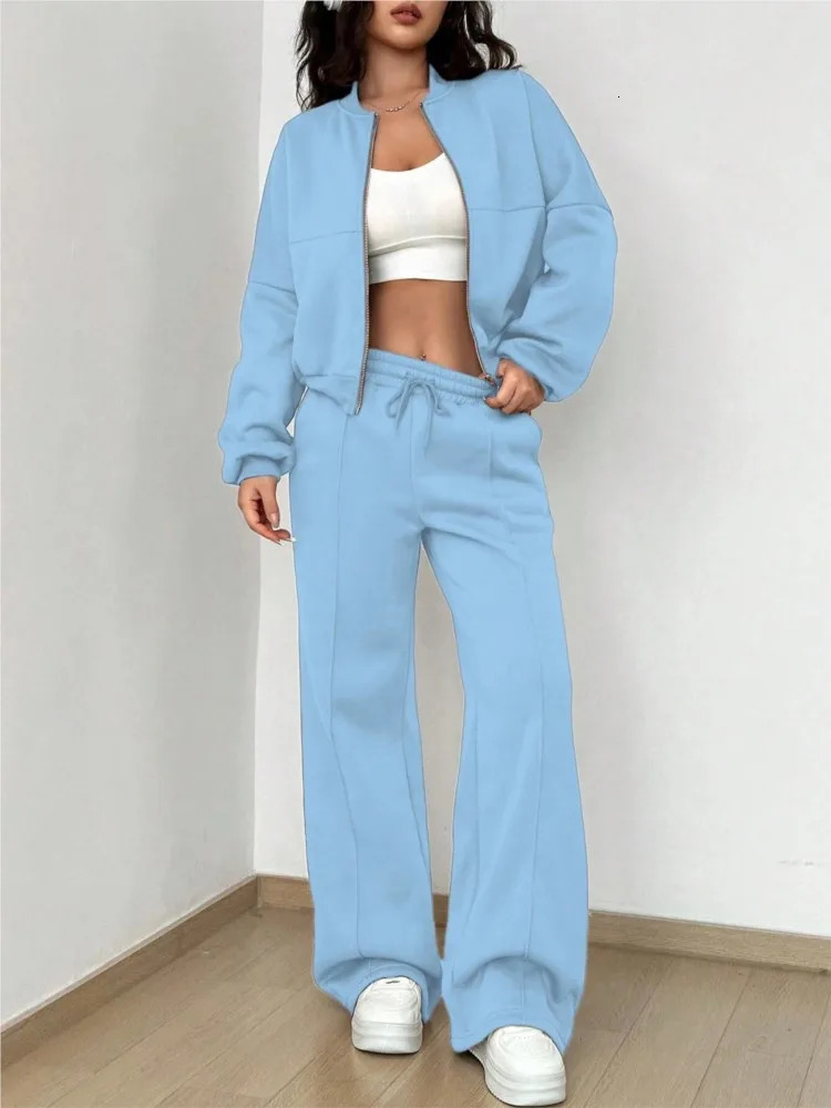 Fashion Long-sleeved Cardigan Zipper Top Wide-leg Pants 2-piece Set Women Autumn Elegant Solid Color Elastic Female Suit Y2K 241214