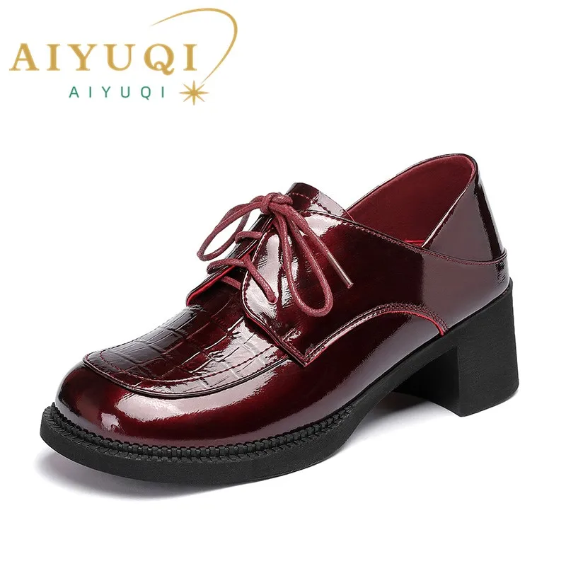 AIYUQI Women Oxford Shoes Genuine Leather Spring Large Size Women Shoes Lace-up Mid-heel Patent Leather Women's Shoes