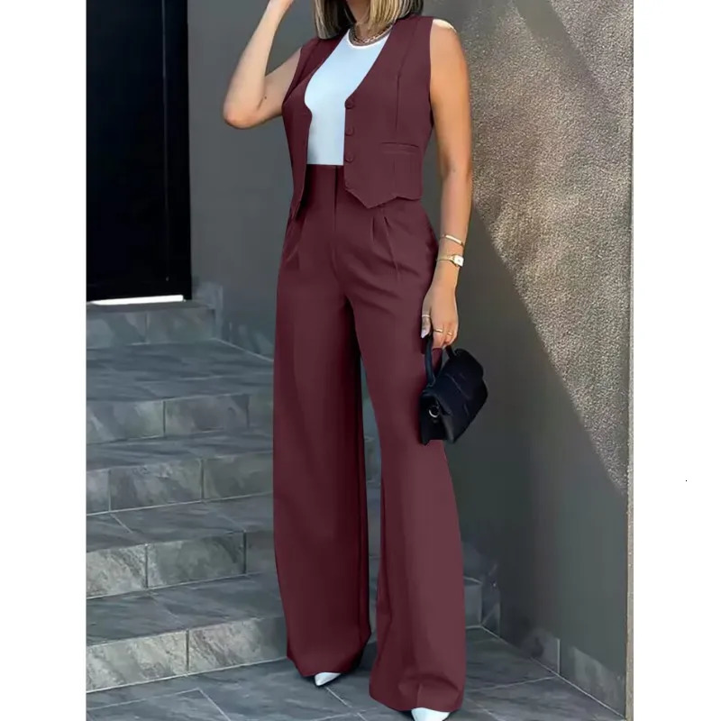 Casual Suits Womens Commute Tracksuit Button Vest Wide Leg Pants Suit Solid Tracksuit Elegant Ladies Loose Pants 2 Pieces Set 241214