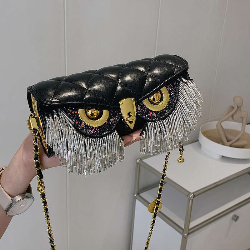 Bag, women's tassel dia grid chain cydrical fashionable and funny owl single shoulder crossbody small round bag, 2024 temperament versatile new t