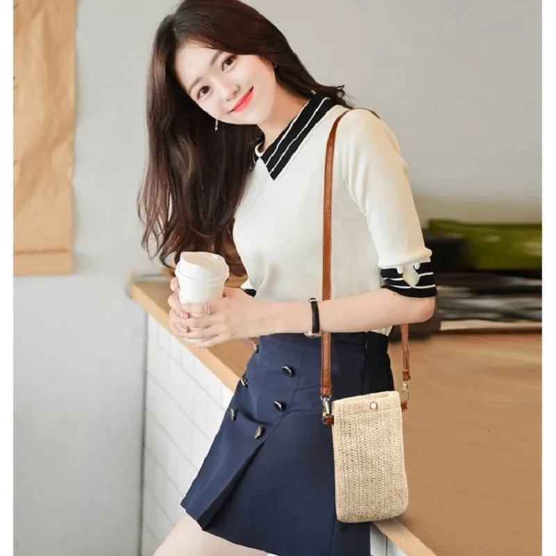Fashion womens turf womens cross body messenger bag summer Bohemian beach latan shoulder bag small solid phone coin wallet 241213