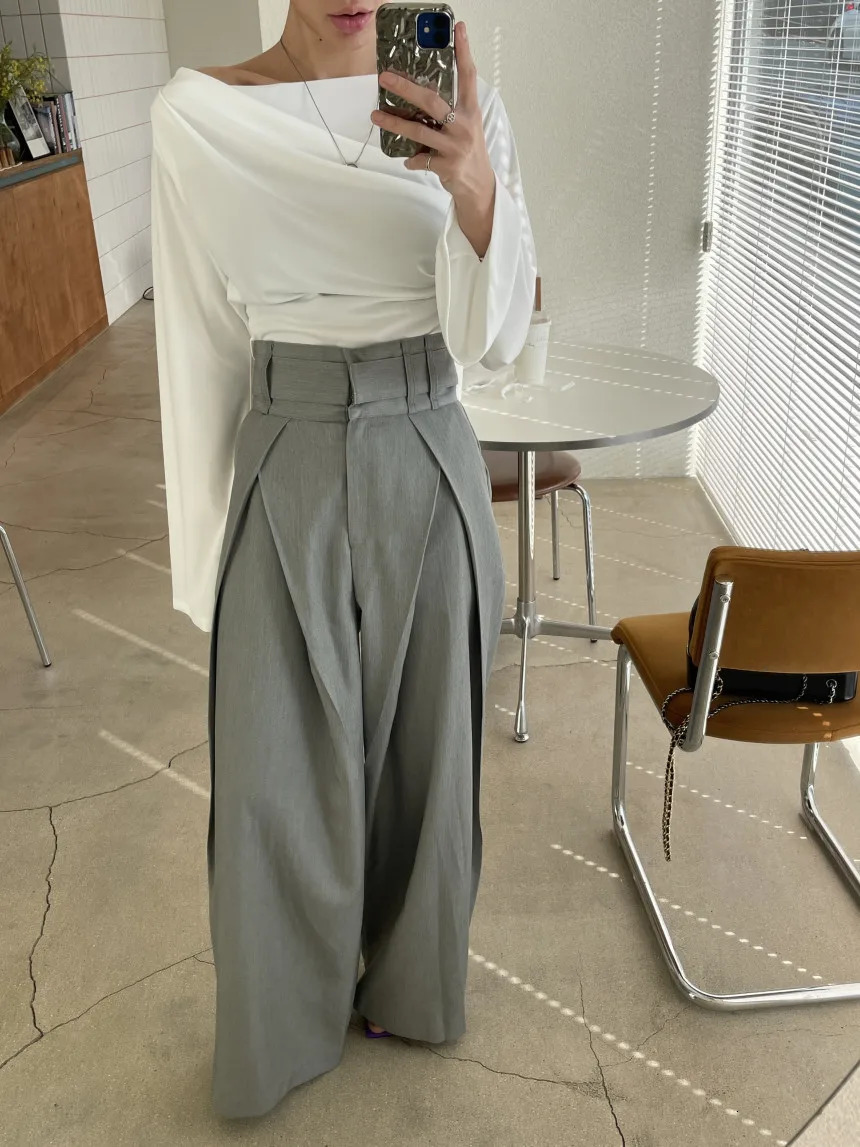 Womens pants wide leg solid casual loose simple elegant spliced tight fitting high waisted s autumn Trouser 241212