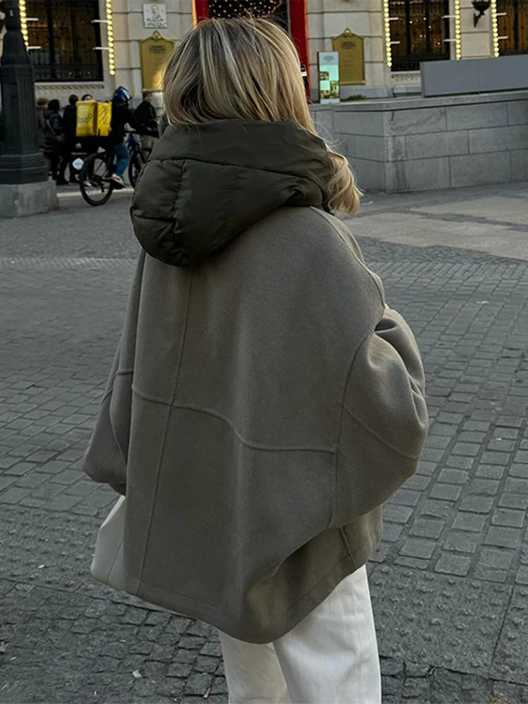 Contrast Zipper Hat Womens Jacket Full Set of Wool Womens Coat Autumn Winter Fashion Loose Street Womens Coat 241214