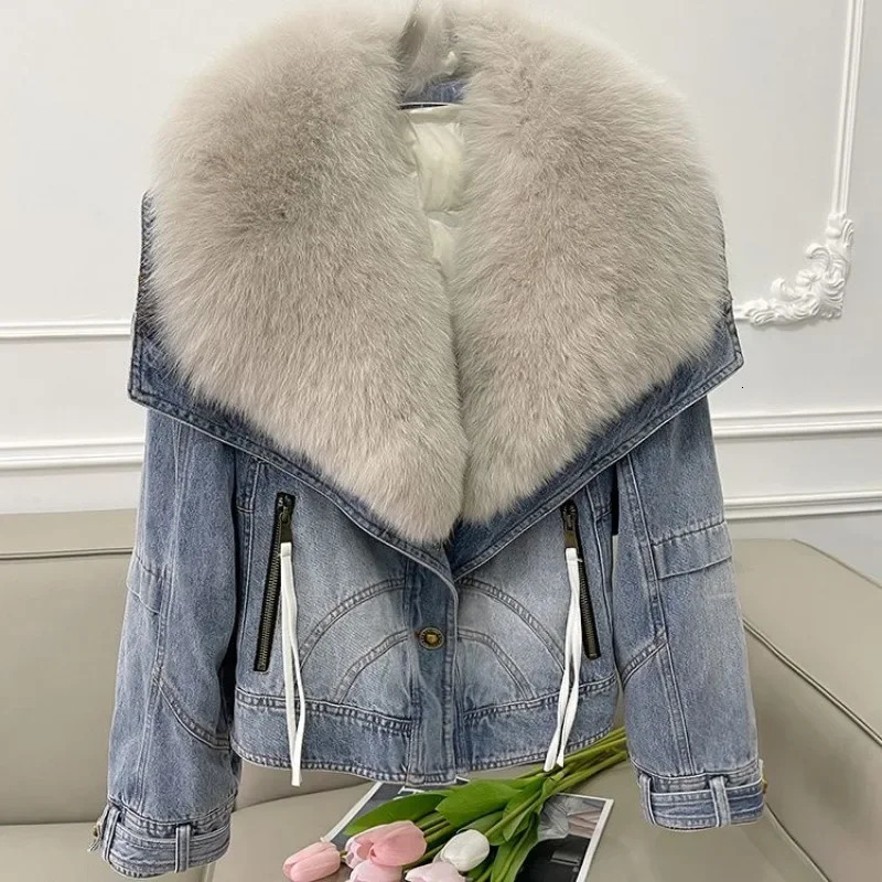 High Quality Womens Down Cotton Jacket Explosive Fur Coat 2025 Winter Oversized Fox Hair Detachable Denim Jacket 241213