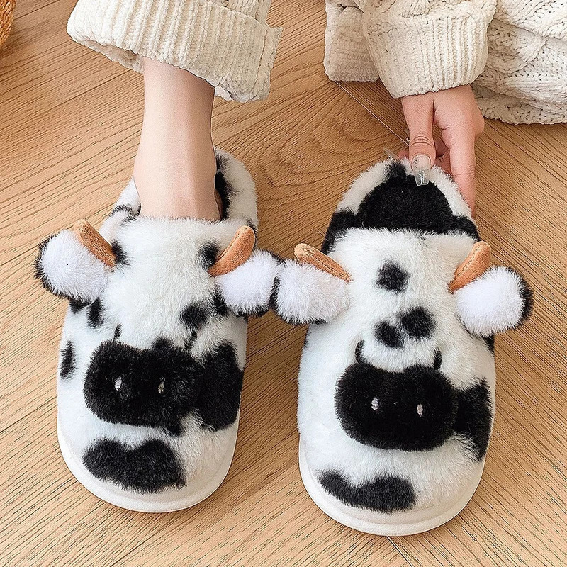 Womens Winter Warm Cartoon Cow Slippers Closed Toe Non Slip Furry House Shoes Women Indoor Bedroom Thick Sole Plush 241214
