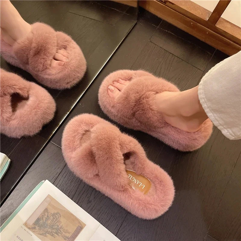 Chunky Platform Fur Slippers Women Autumn Thick Bottom Furry Outdoor Woman Short Plush ner Shoes 241214