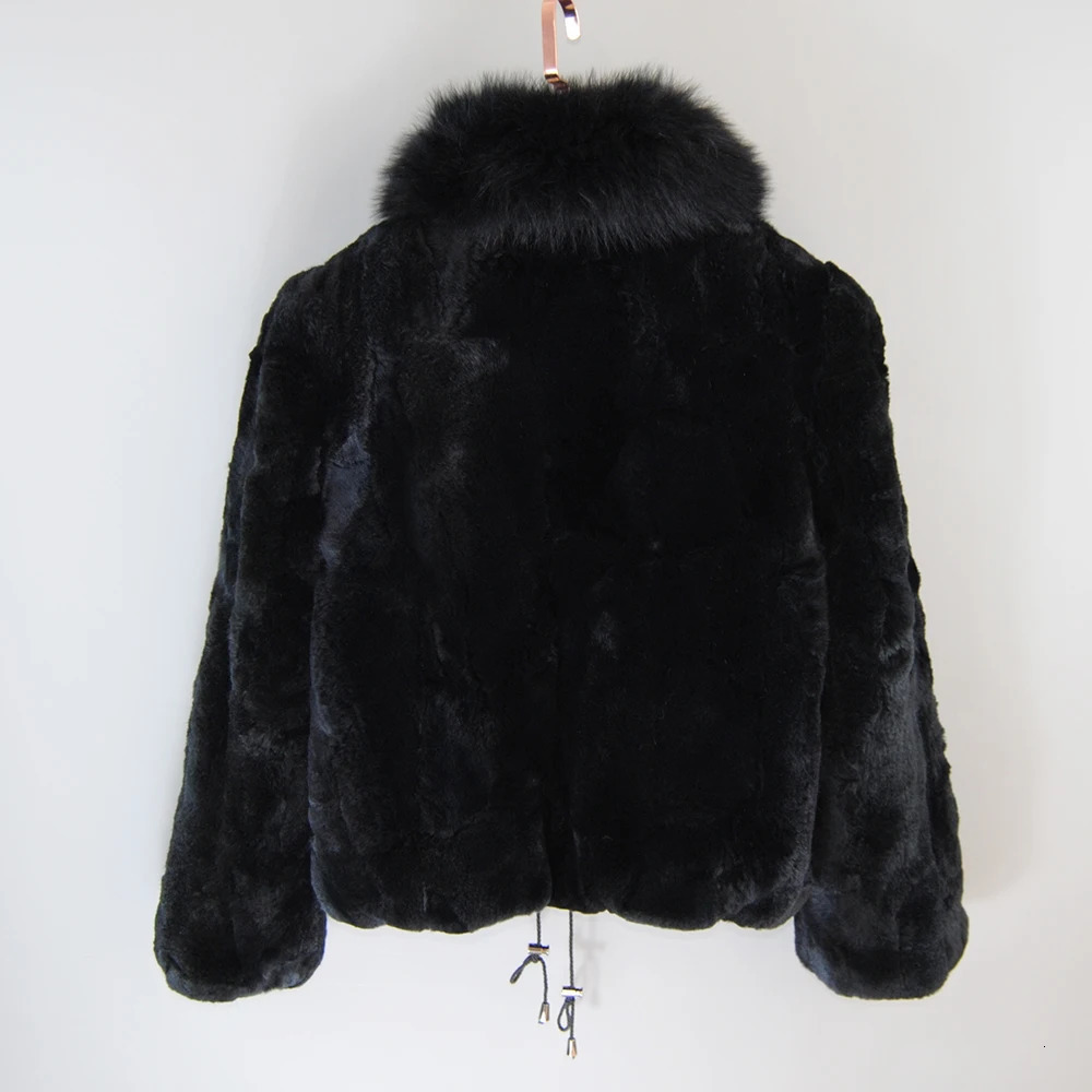 Fashion Lady 100% Natural Rex Rabbit Fur Coat Women Winter Thick Warm Real Jacket With Quality Fox Collar 241211