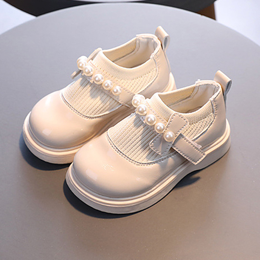 Children's Girl Baby Leather Shoes Pearl Beaded Fashion Princess Round Toe Heightening Happysteps Casual Comfortable Student Shoes Sizes 21-30