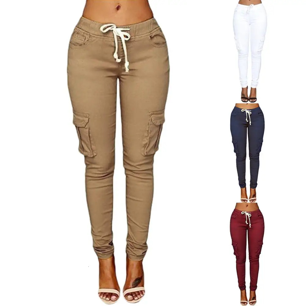 plus size woman high waist pants Solid Skinny Cargo Pants Pockets Drawstring Joggers Trousers Summer Leggings Casual Pencil 241212