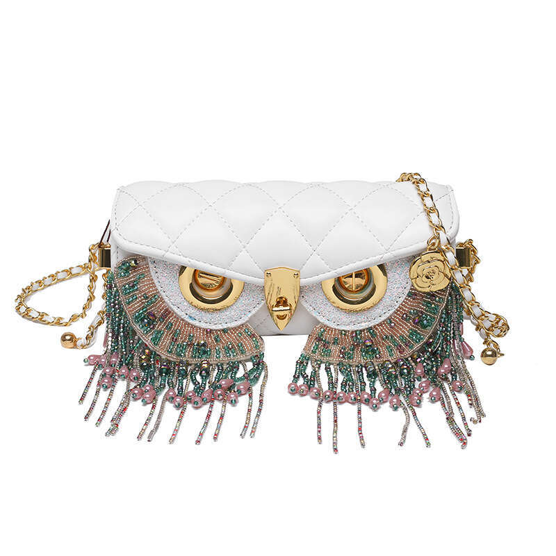 Bag, women's tassel dia grid chain cydrical fashionable and funny owl single shoulder crossbody small round bag, 2024 temperament versatile new t