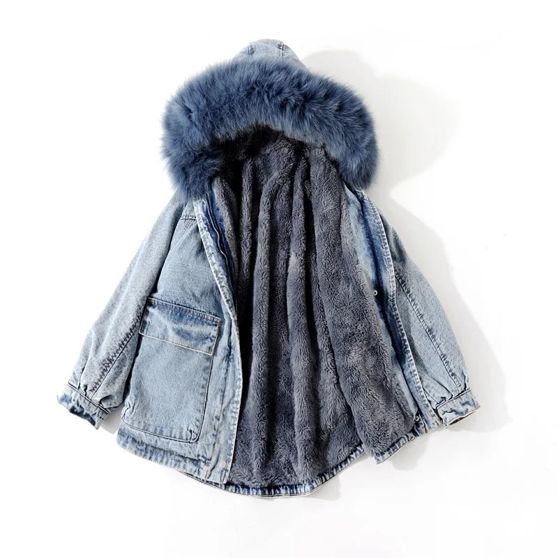 High quality womens winter fur lining warm loose jacket denim jacket fox fur collar hooded casual jacket denim jeans jacket 241210
