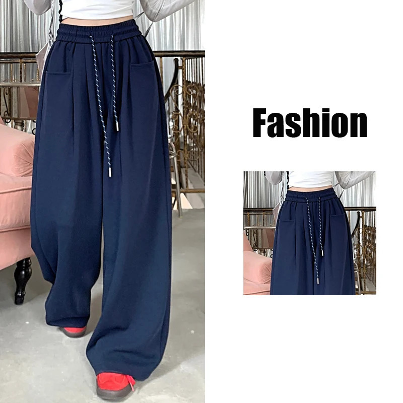 Autumn womens streetwear high waisted casual pants fashion navy blue gray wide legs luggage and bags 241212