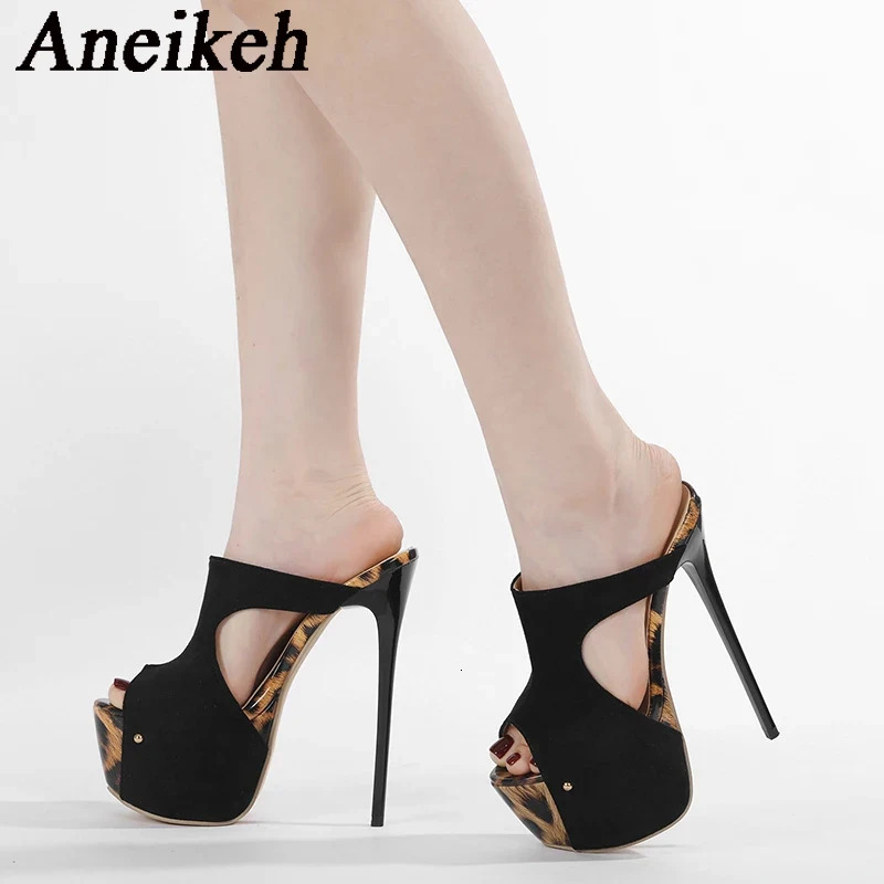 Aneikeh Summer Extreme Platform High Heels Black Leopard Print Rivet Slippers Ladies Sexy Sgback Sandals Mules Slides Shoes