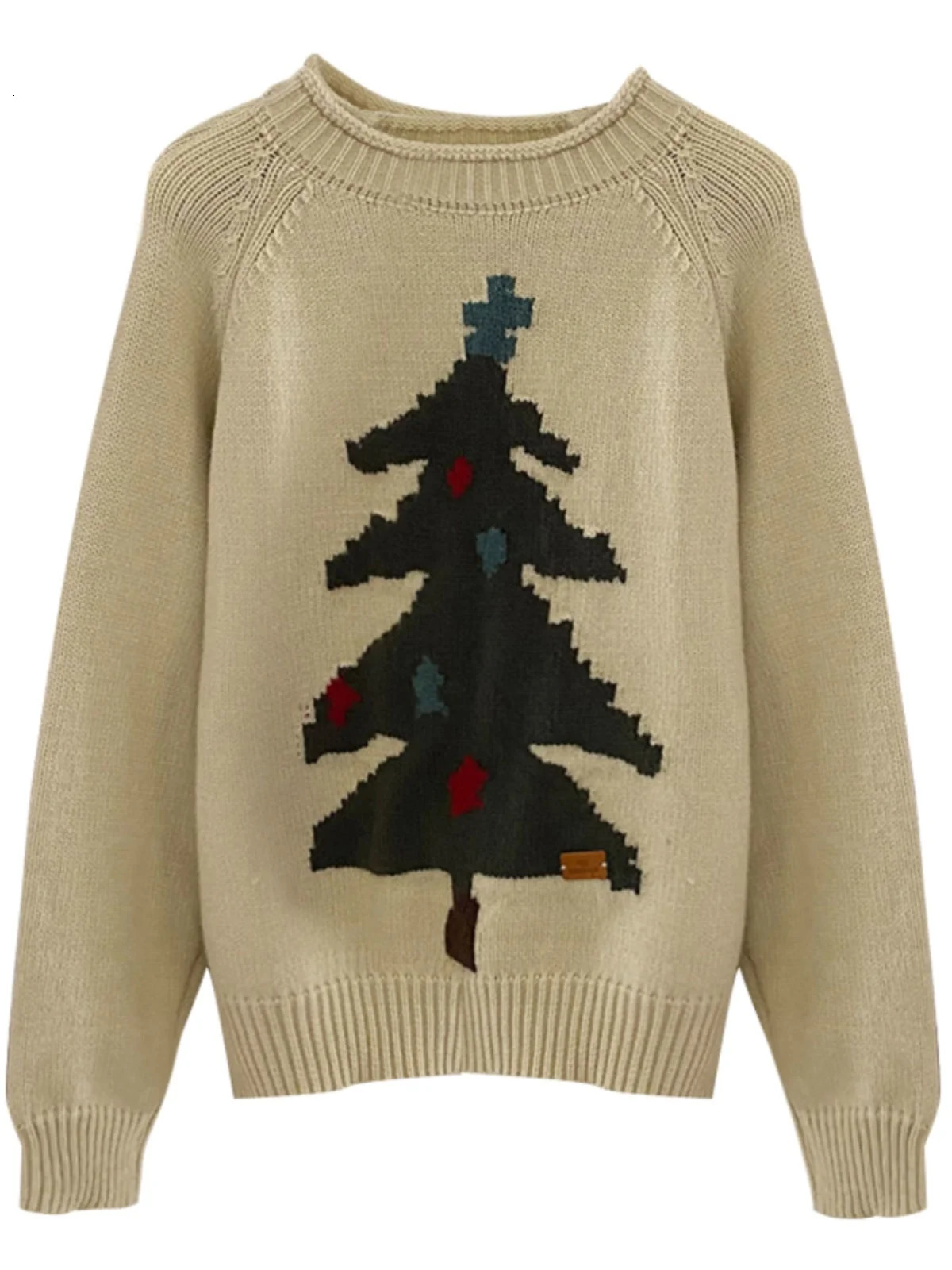 Red Christmas Sweater Womens Oneck Jacquard Tree Pulling Flower Autumn Casual Edition Knitted Long Top 241211