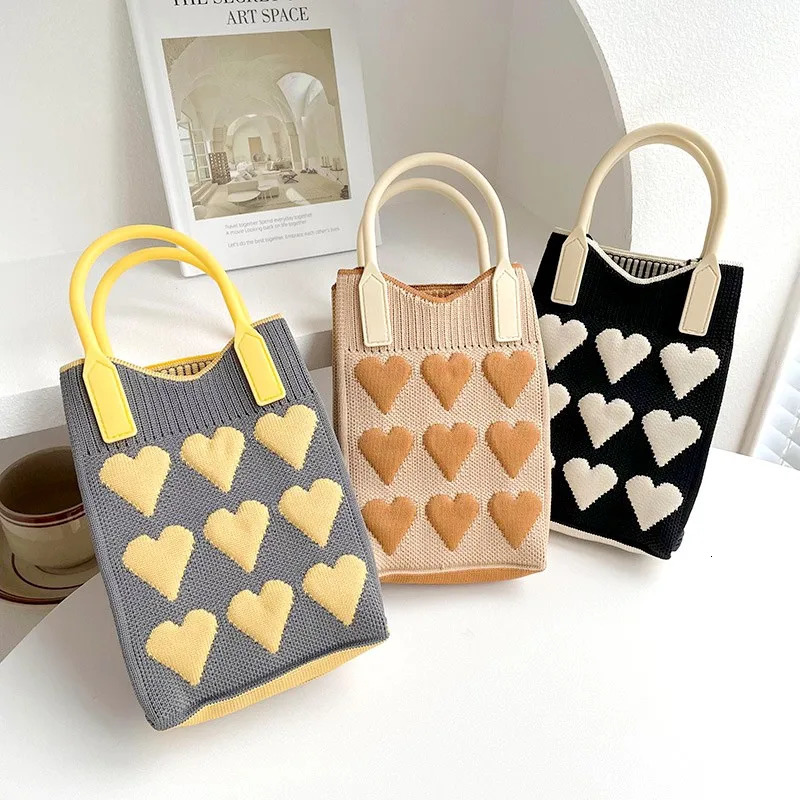 Fashion Love Knitted Handbag Cross Body Bag Korean Womens Handbag Messenger Bag Womens Universal Mobile Phone Bag Shoulder Bag 241213