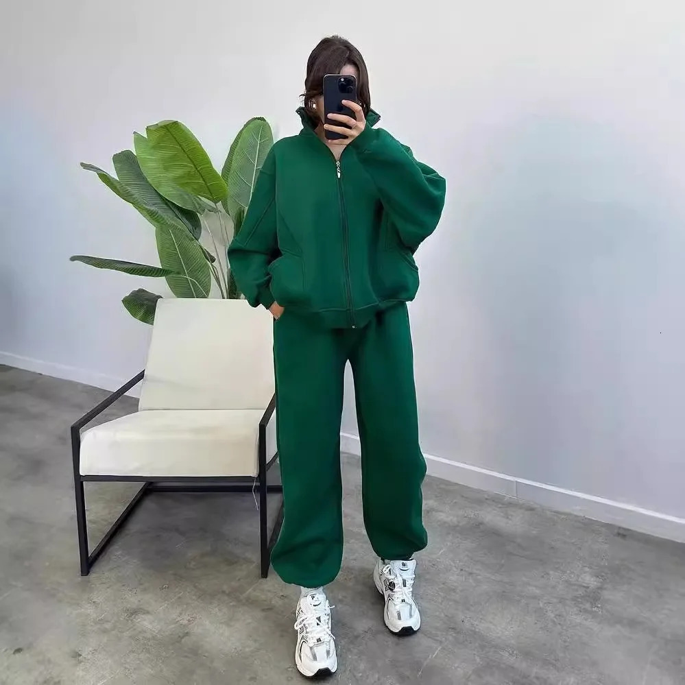 Women Fleece Suit Loose Long Sleeve Sweatshirt and High Waist Trousers 2 Pieces Set Female Winter Fashion Warm Tracksuit 241209