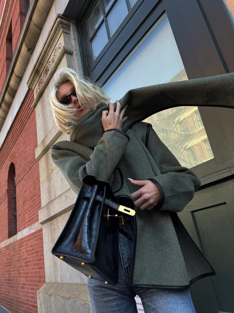 Fashion gray green scarf collar single chest short sleeved jacket for women matching edge pocket jacket autumn and winter street jacket 241214