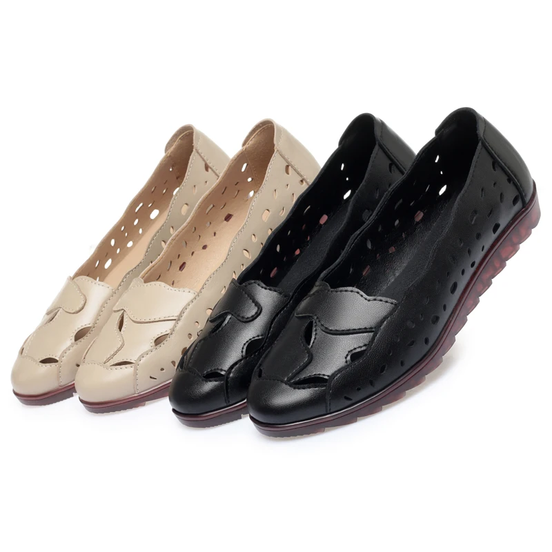 AIYUQI Women Shoes Hollow Spring Genuine Leather Hole Women's Shoes Casual Flat Large Size Mom Shoes Women