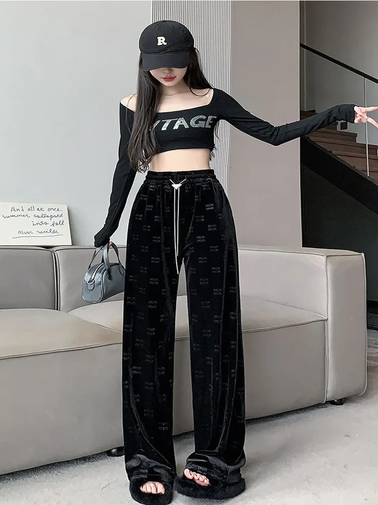 Velour High Waisted Pants Woman Print Wide Leg Belted Comfortable Elastic Waist Black Autumn Winter 2024 Fashion Clothing 241212