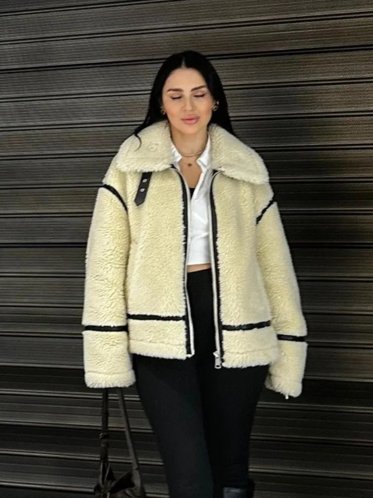 Fashion comparison splicing zipper lapel cashmere jacket womens fashion casual thick warm long sleeved jacket womens fashion jacket 241214