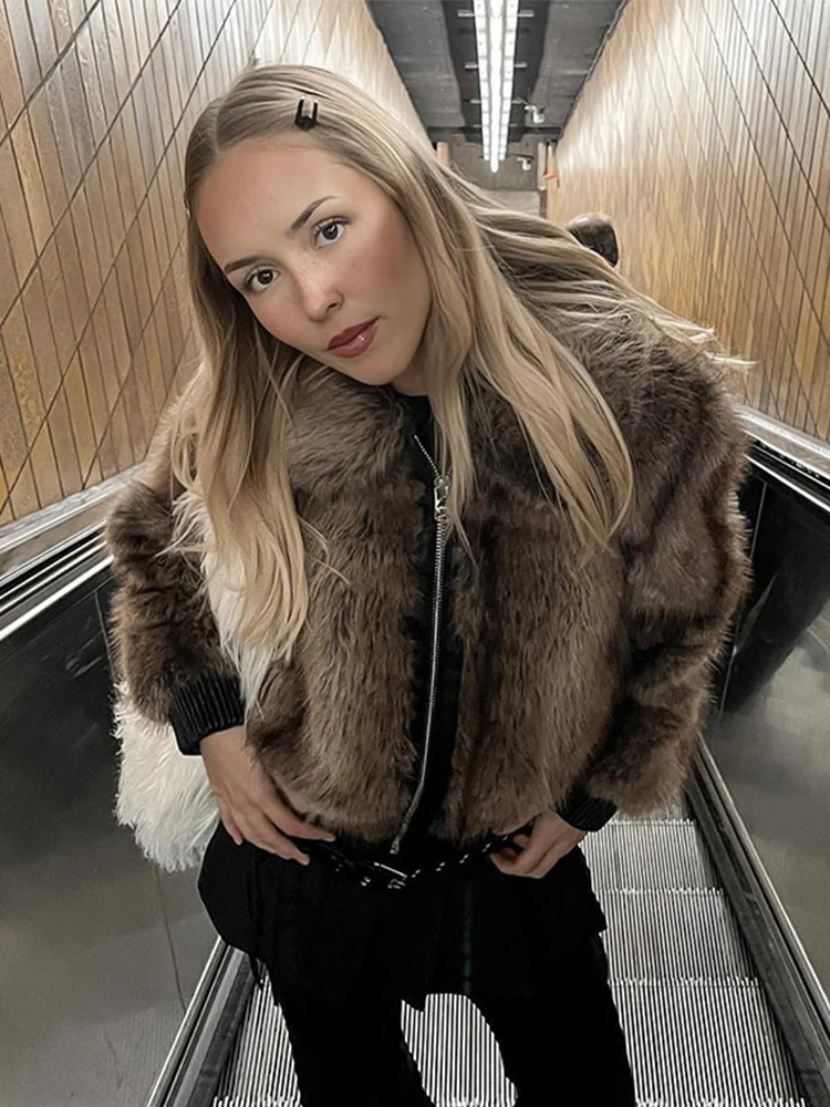 Fur decal work zipper jacket leather edge contrasting color fur effect jacket Maillard womens short coat winter retro jacket 241214