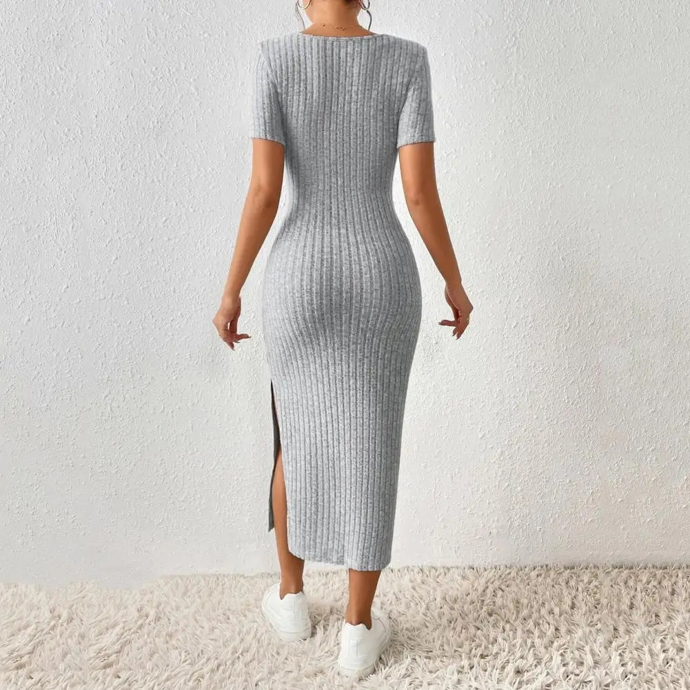Womens square neckline medium long sleeved short multi knit seam dress 241212