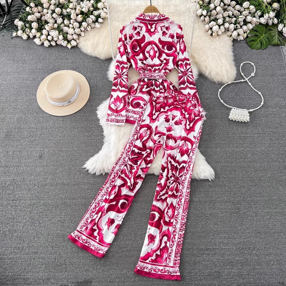 Autumn Red White Porcelain Ral Two-Piece Set Women Shirts Long Tops Wide Leg Flare Pants Suits 2Pcs Outfits