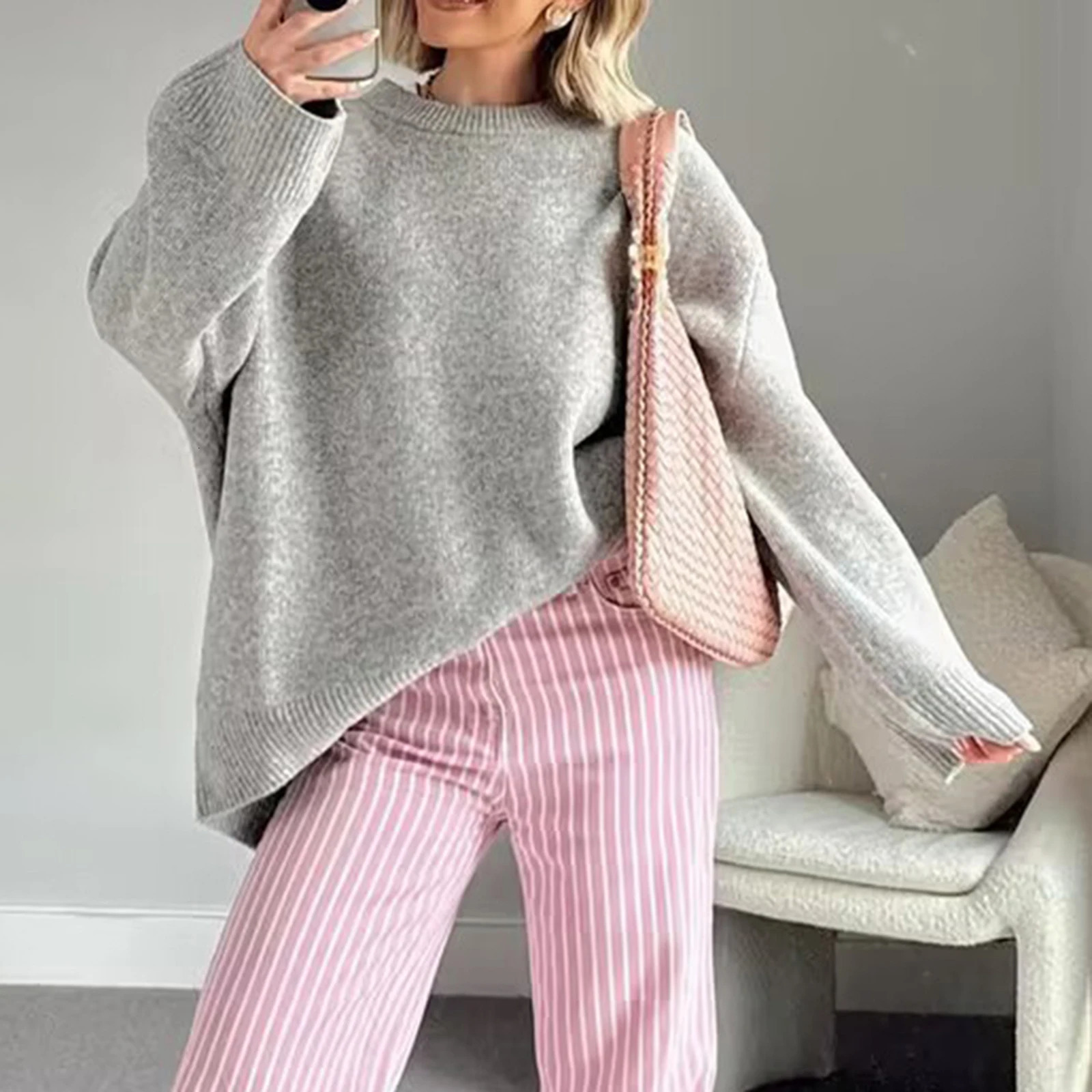 Hirigin Womens Y2K Large Prefabricated Sweater Long Sleeve Staff Collar Solid Color Loose Folded Strap Knitted Jumper Top 241211