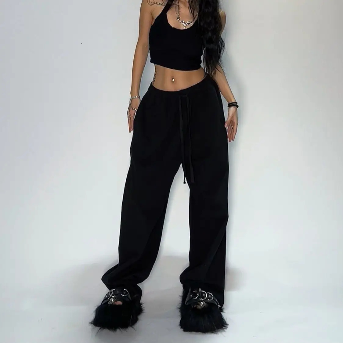 Y2K gray jogging pants for women hippie streetwear oversized sports loose straight wide legs Trouser Korean style 241212