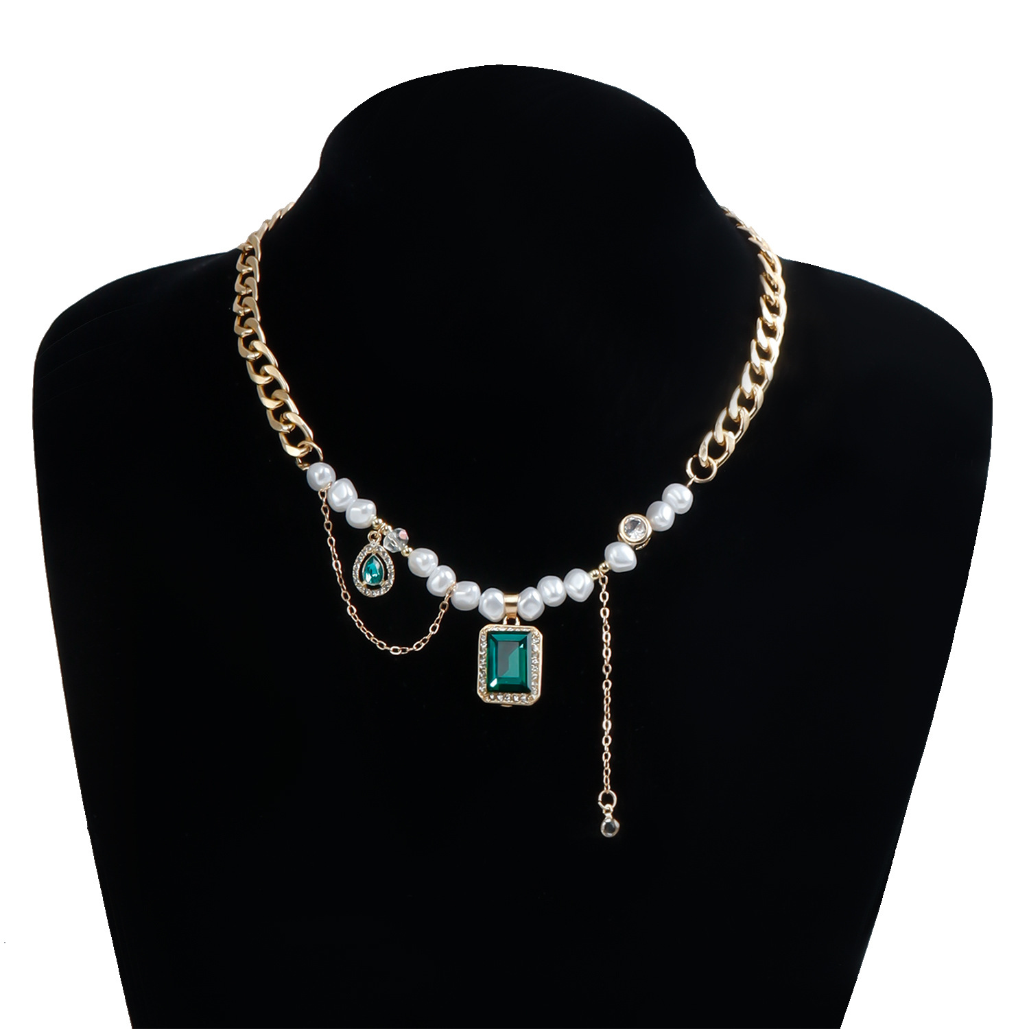 Ins Green Gemstone Pearly Chic Collar Necklace - Vintage Style Jewelry for Women Stainless Steel Gold Plated Choker Jewelry 2025 Trends Party Birthday