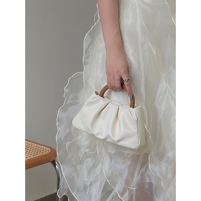 New Designer Wooden Handle Pleated Cloud Bag Hand-held Women's Bag Shoulder Bag Slanted Mini Bag