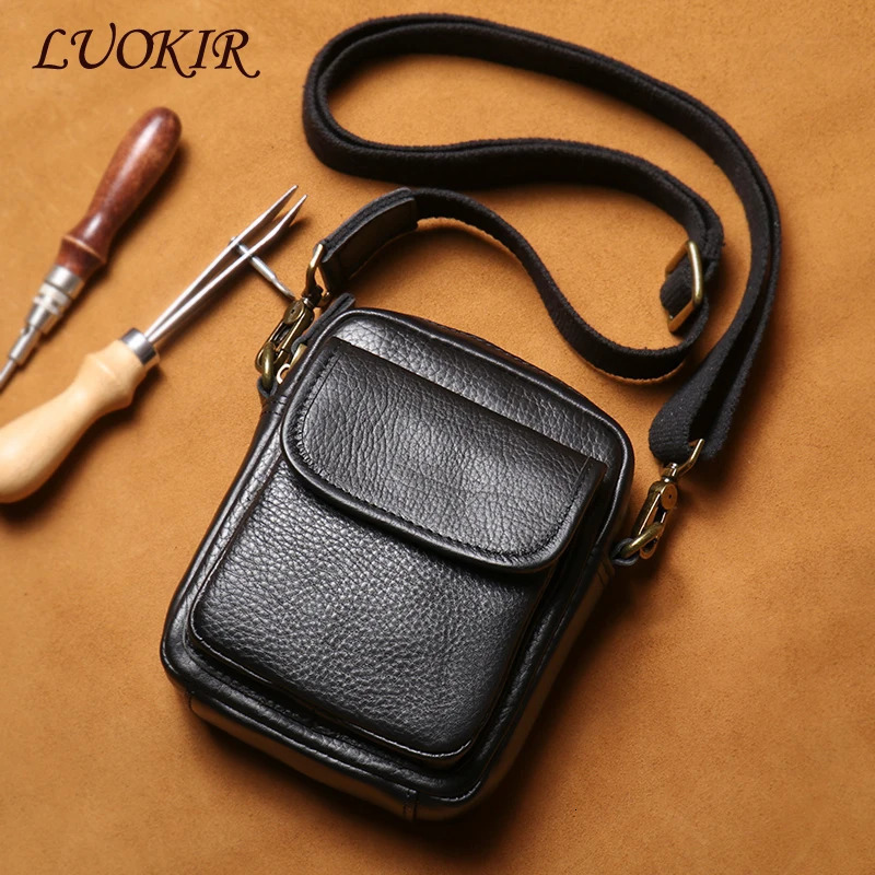LUOKIR Mens Leather Small Shoulder Bag Casual Fashion Crossbody Lightweight Simple Cell Phone Messenger Bag Cowhide Sling Bag 241213