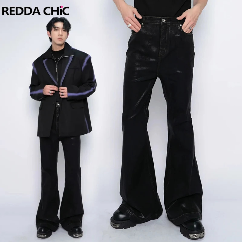 REDDACHIC Belt Flowy Glossy Black Trousers Men Wax Coated Flare Jeans Buttoned Skinny Stretch Bootcut Pants Hiphop Retro Clothes 241214