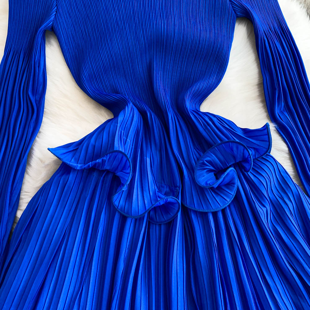 Casual Dresses Elegant Oversized Long Sleeve Pleated Draped Women O-Neck Ruffles High Sretch Party Robe Vestidos Ladies Spring Summer Clothing 2025