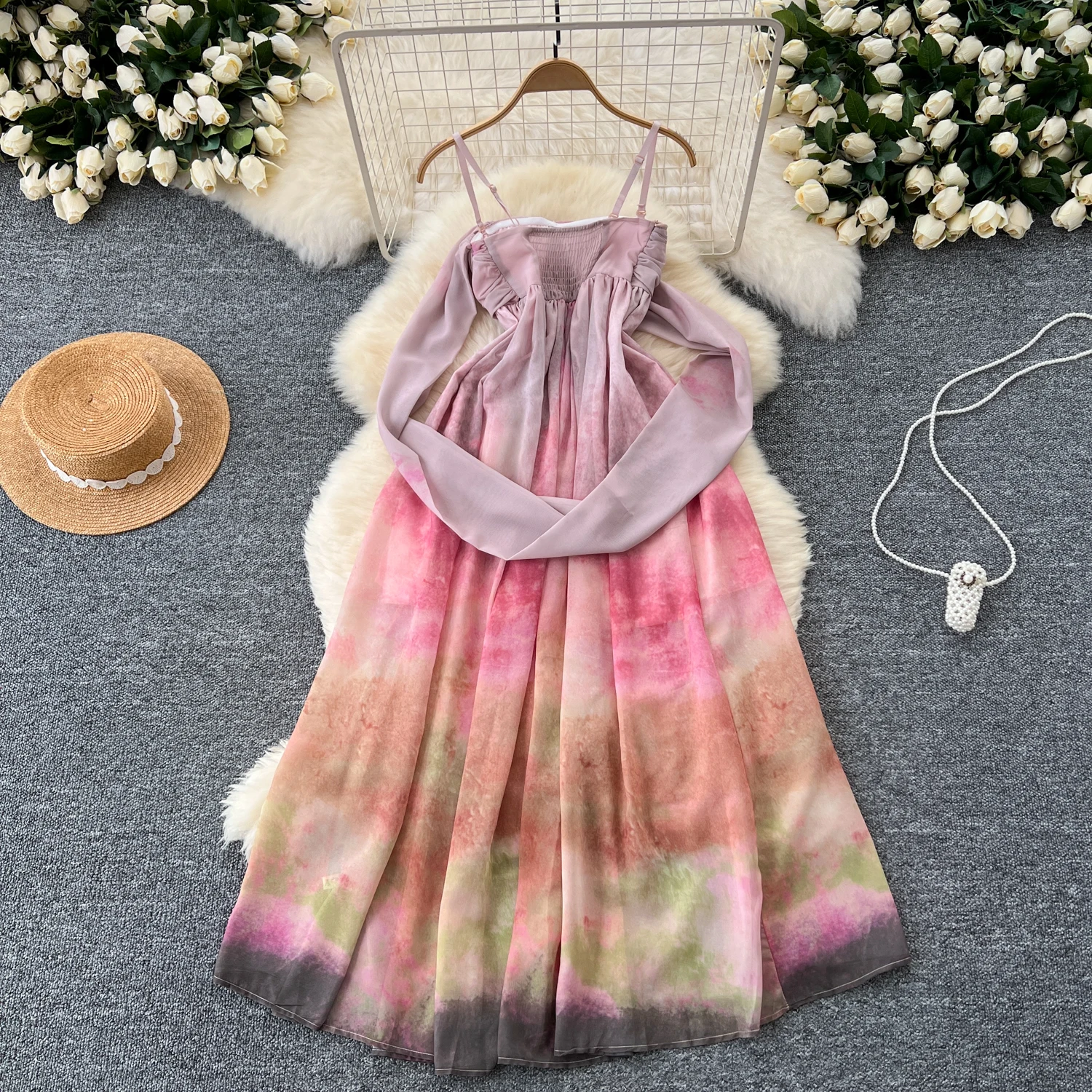 Basic Casual Dresses Holiday Beach Maxi Dress for Women Tie Dye Print Spaghetti Strap Off-shoulder Vestidos De Mujer A-line Chiffon Dresses Dropship 2