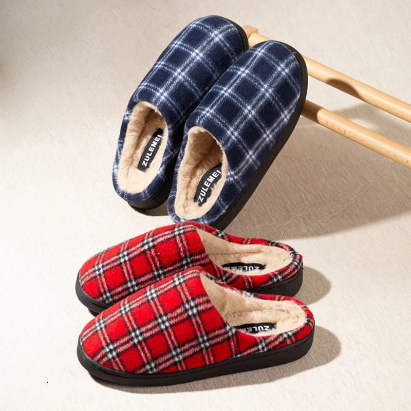 Mens Striped Warm House Fleece Cozy Nonslip Plaid Cotton Mops Couples Slippers Winter Soft Indoor Bedroom Shoes 241214