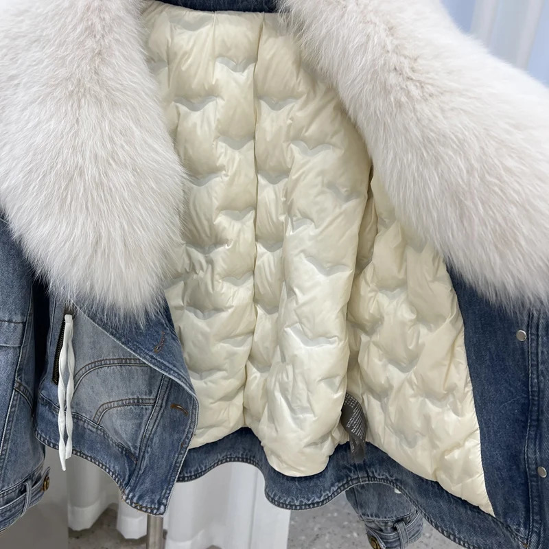 Womens winter coat with real fox fur collar detachable denim fur leather jacket goose down jacket 241210