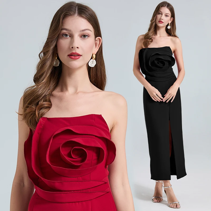 Casual Dresses Women Elegant 3D Flower Backless Sexy Club Bodycon Prom Long Dress 2025 Summer New Slim Fit Party Festival High Split Vestidos 2025