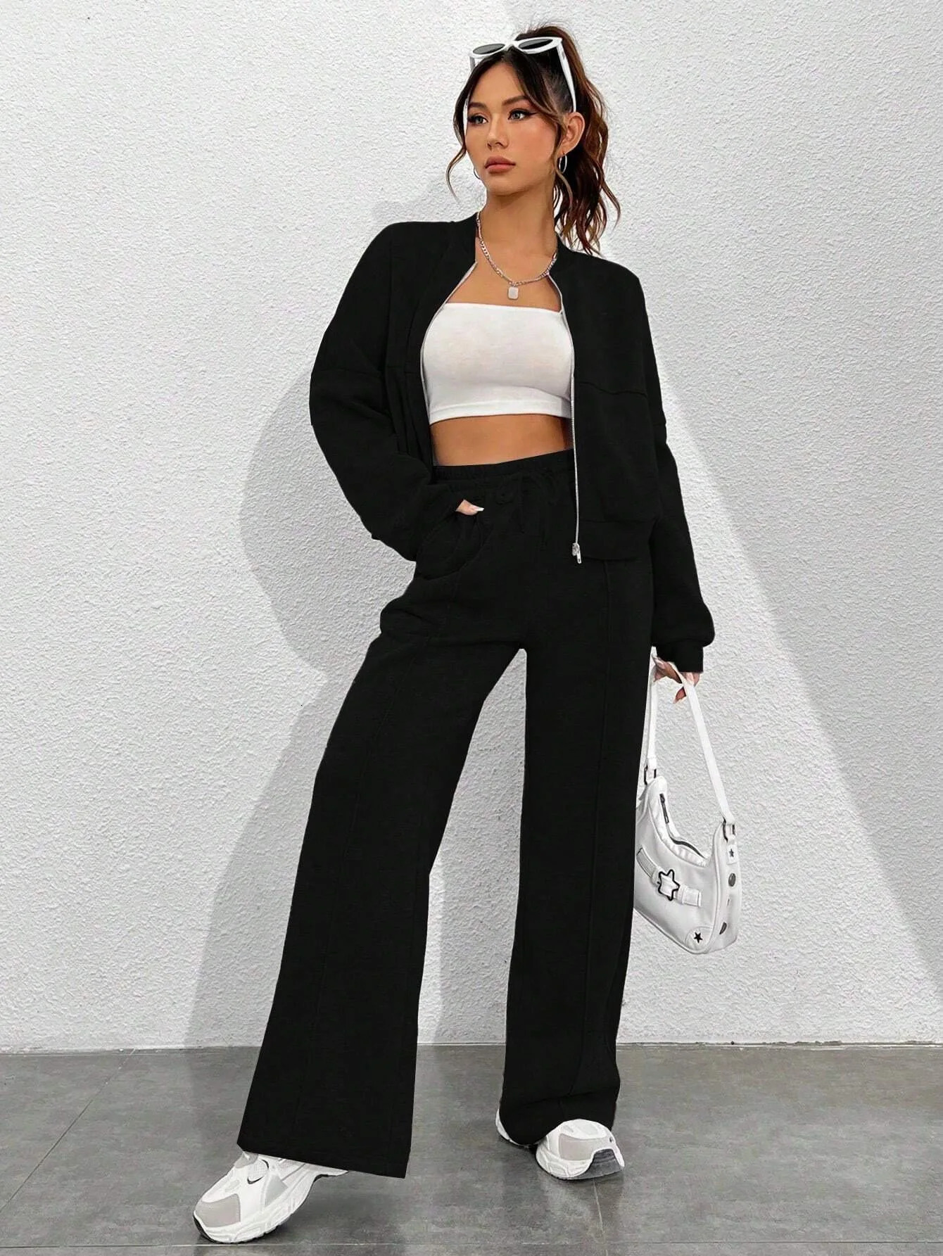 Womens Autumn 2024 Two Piece Set Cardigan Zipper Sweatshirt Jacket With Elastic Waistband And Wide Leg Pants Casual Ladies 241203