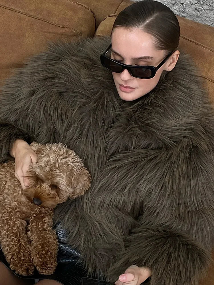 Retro High Collar Long Sleeved Faux Fur Coat Women Winter Warm Solid Fury Jacket Fashion Females Street Outerwear 241211